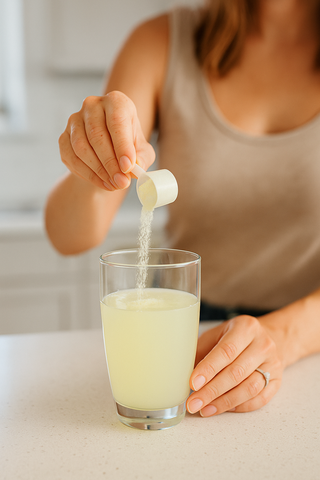 A woman pouring a scoop of ėNOS powder into a glass of water on a sunlit kitchen counter