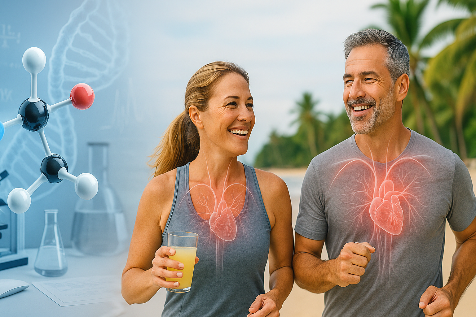 Active mature couple jogging on a beach with nitric oxide molecule and cardiovascular illustration