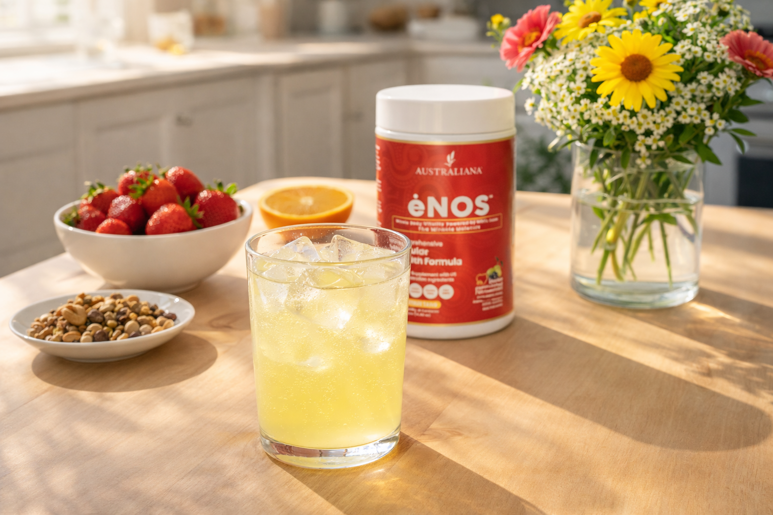 A glass of pale-lemon ėNOS next to the branded canister on a sunlit kitchen table with fresh flowers and fruit