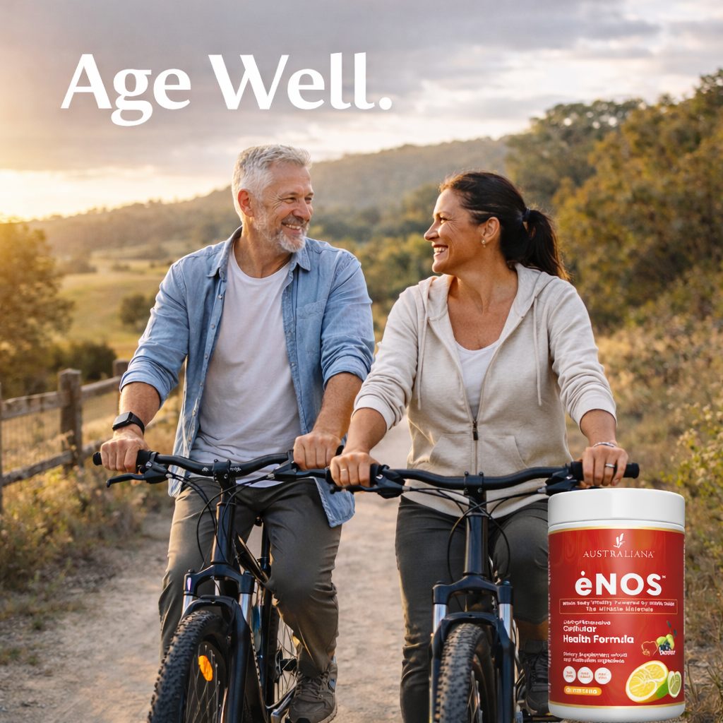 Mature couple cycling at sunset — age well with ėNOS