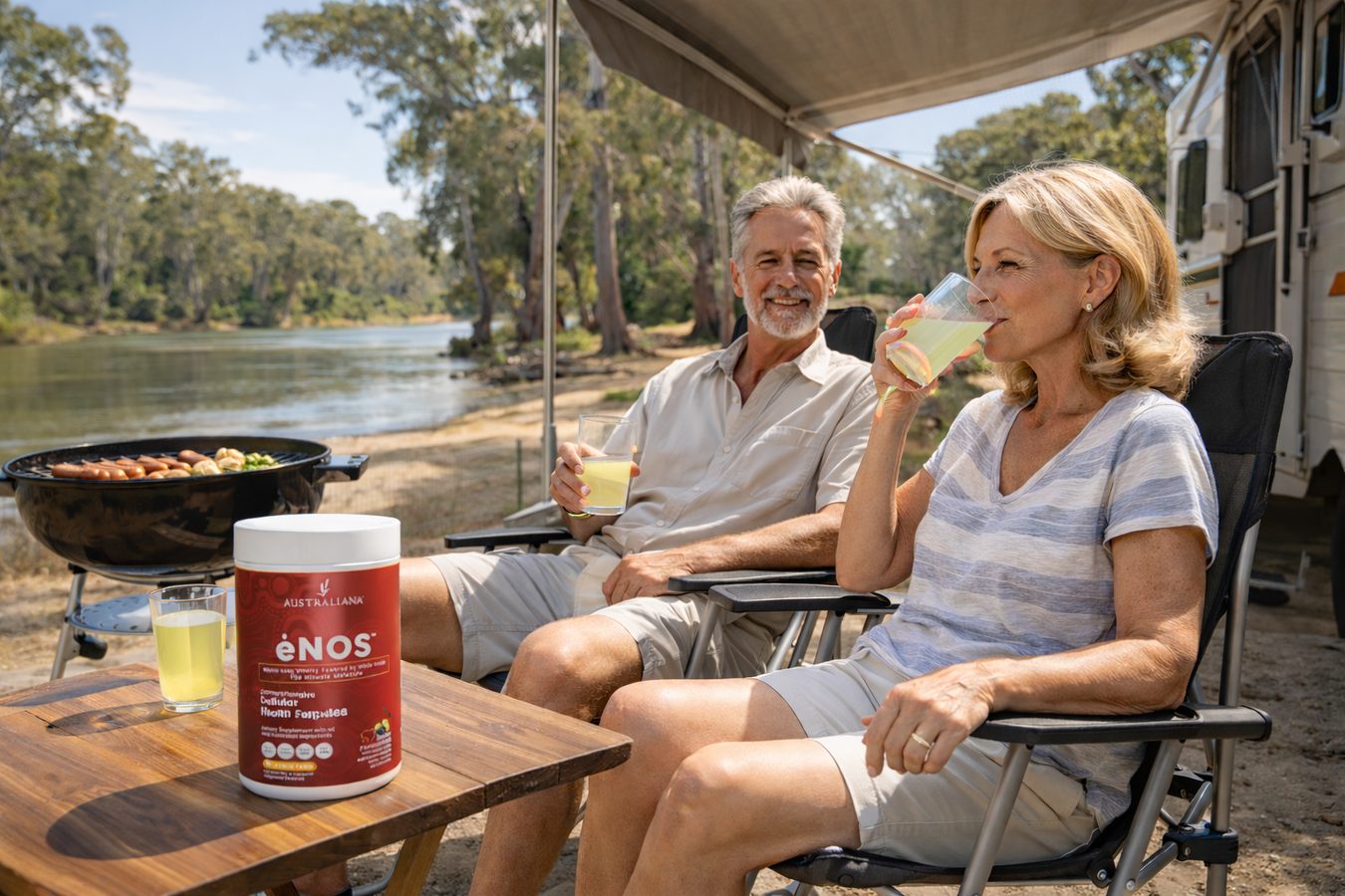 A couple at a riverside campsite with ėNOS