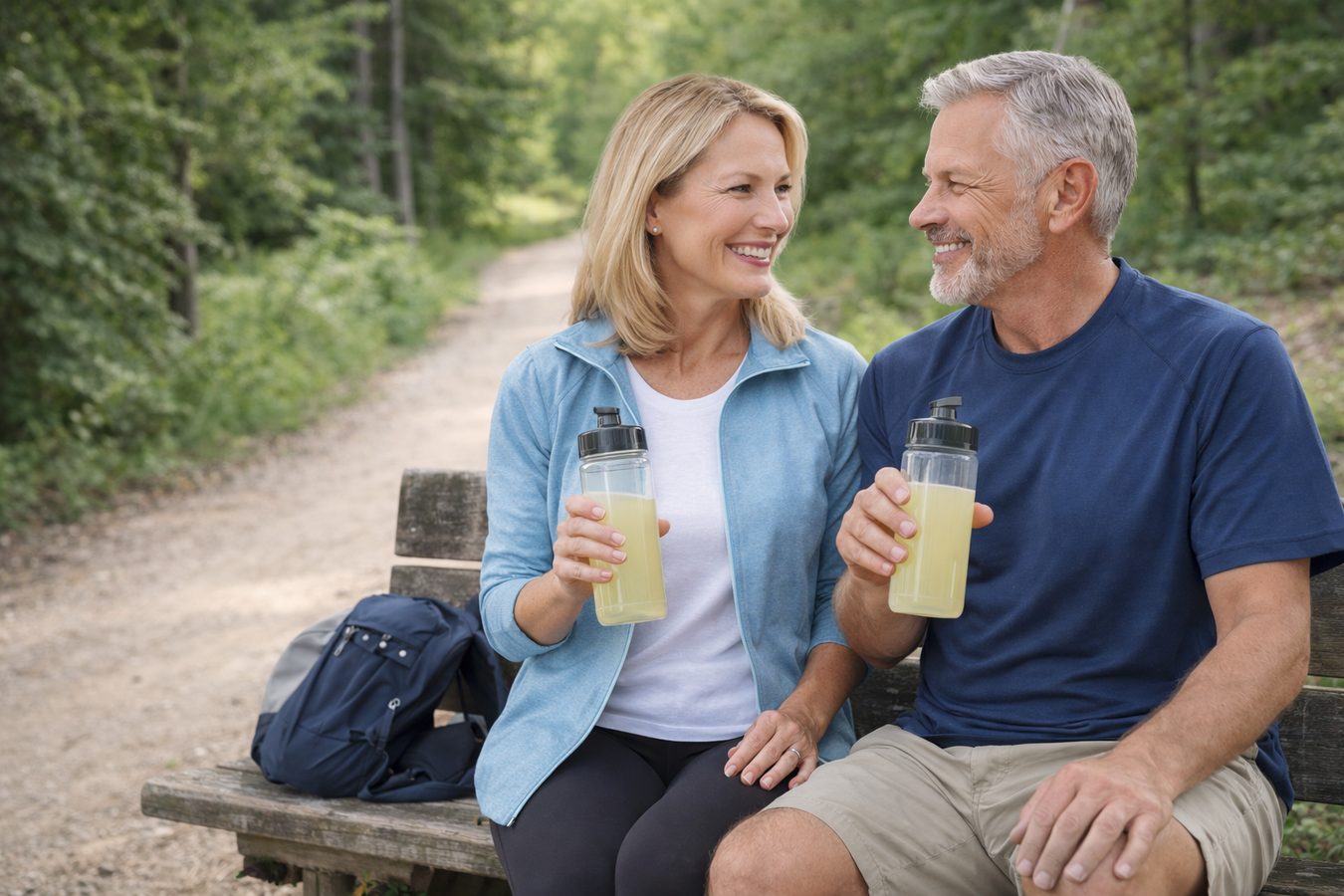 A couple on a trail bench sharing bottles of ėNOS