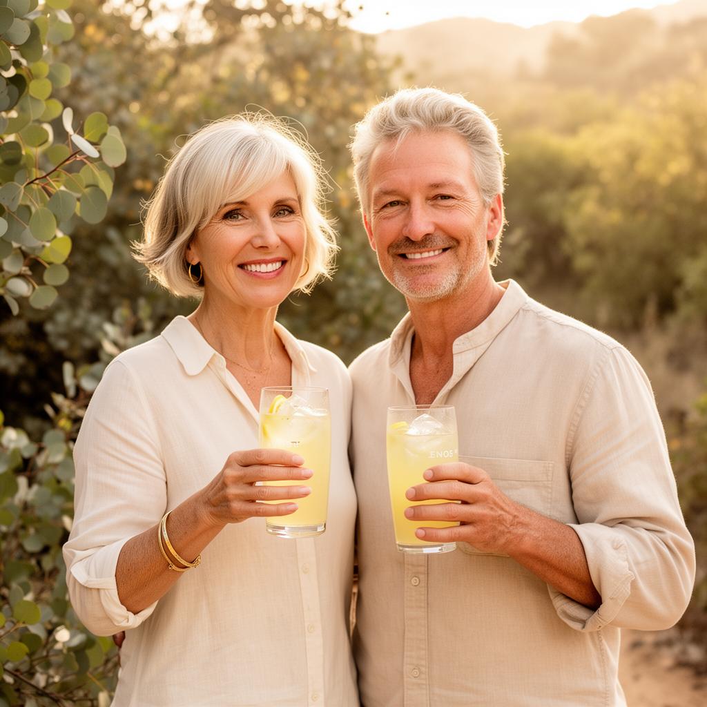 A couple in their fifties pausing on a trail bench, sharing bottles of pale-lemon ėNOS