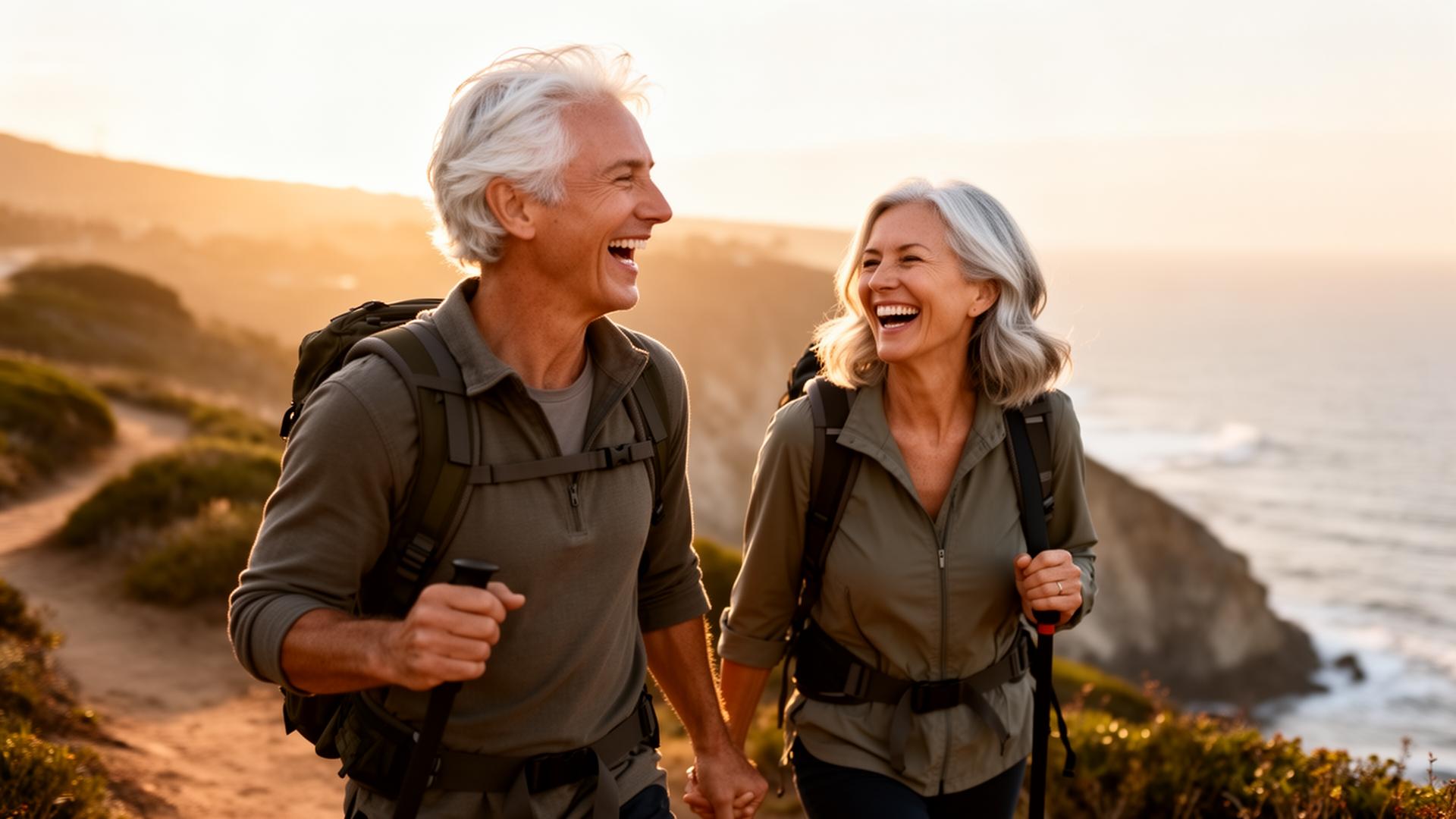 A vibrant couple in their fifties hiking a coastal trail at sunset