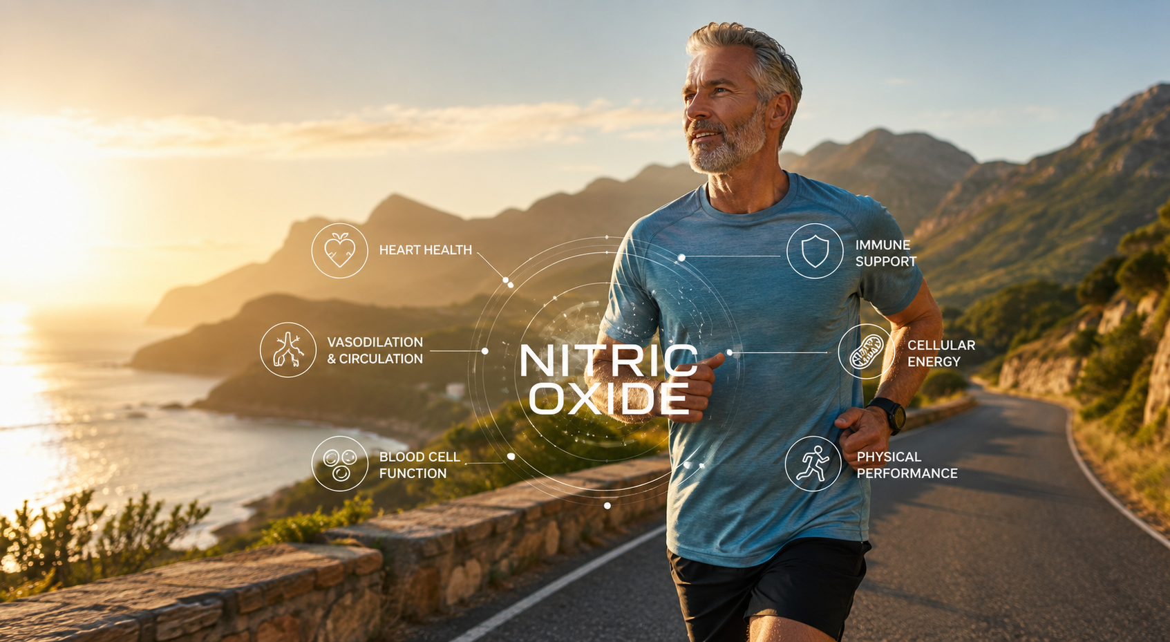 Runner on a coastal road with nitric oxide benefits: heart health, vasodilation and circulation, blood cell function, immune support, cellular energy, and physical performance